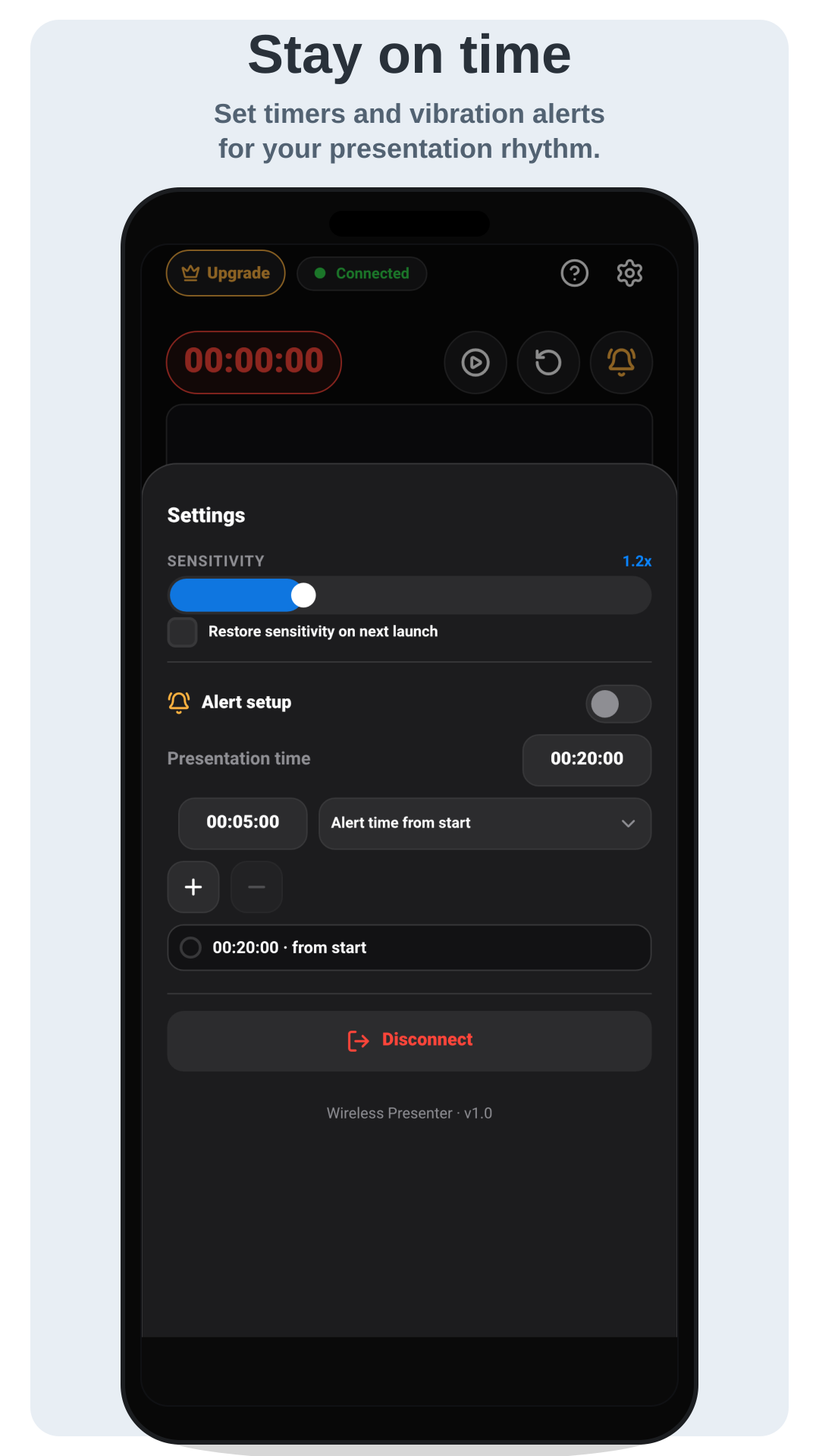 Timer and vibration alerts screen